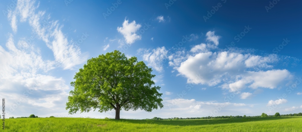 Sticker A single oak tree standing in a field amongst food crops, with a background suitable for a copy space image.