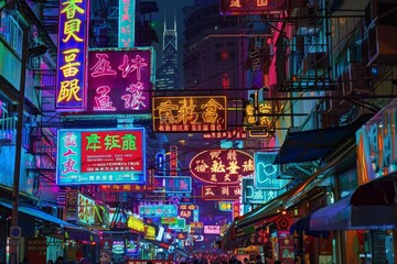 A Symphony of Neon Lights Illuminates Hong Kongs Bustling Night Market