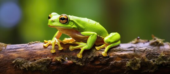 Fototapeta premium An Australian green tree frog perched on a tree branch, with ample copy space image available for use.