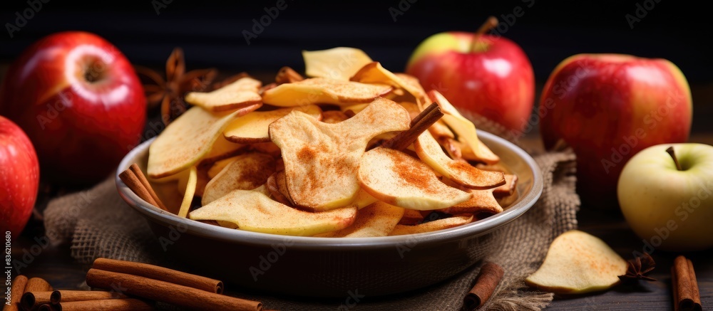 Sticker Organic apple chips in a bowl, promoting healthy snacking with concept of homemade, dried slices. Add your text or logo in the copy space image.