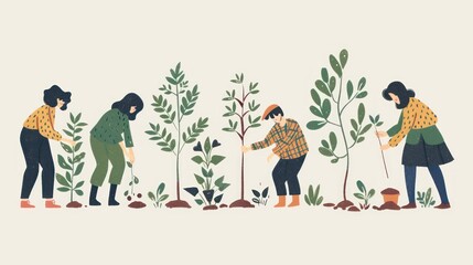 Illustrations people plant some trees