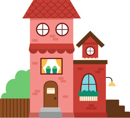 Vector beautiful house icon. Residential building colorful illustration. Cute cottage with flowers. Funny little country, town or city picture with roof, walls, garden, terrace.