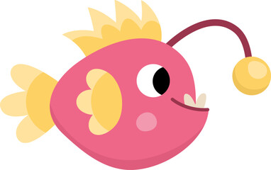 Vector pink angler fish icon. Under the sea illustration with cute funny creature with lamp. Ocean animal clipart. Cartoon underwater or marine clip art for children isolated on white background.