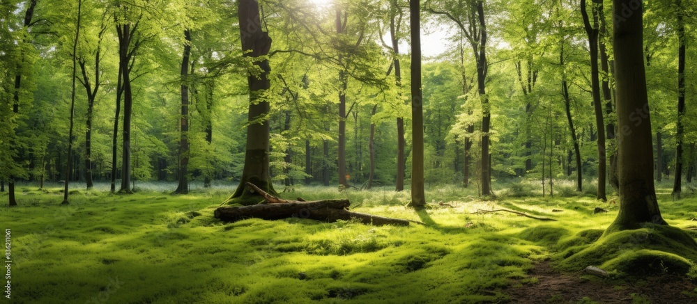 Poster lush spring forest with sunlight filtering through the canopy, creating a serene atmosphere for a co