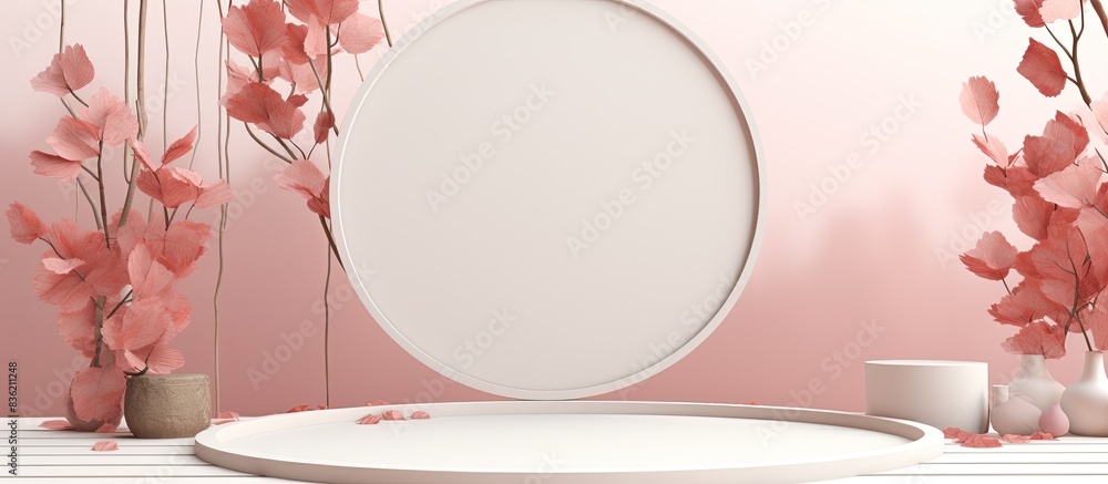 Aufkleber monochrome beige background with a podium displaying a leaf and circle for showcasing cosmetic produ