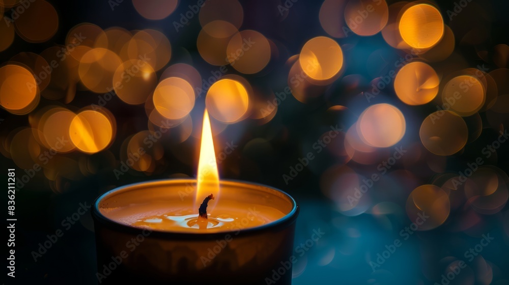Poster candle flame with golden bokeh lights. serene image of a burning candle with a warm glow against a b