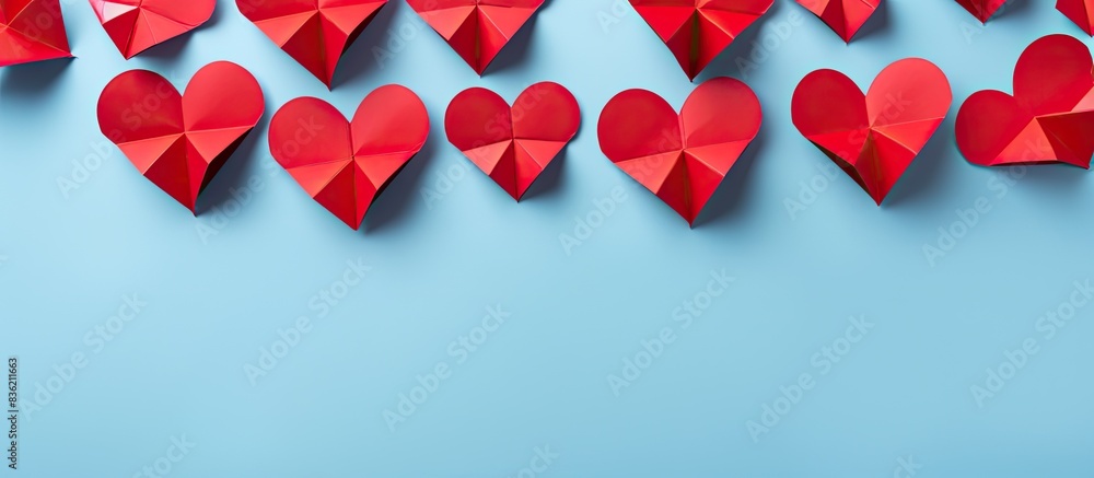 Poster top down view featuring two red origami hearts set on a white background specifically designed for v