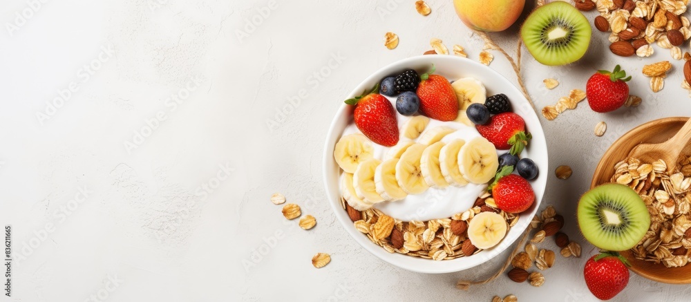 Sticker Nutritious breakfast featuring a bowl of Greek yogurt with oat granola, fruit, nuts, honey, and chia seeds, with a top view for a copy space image.