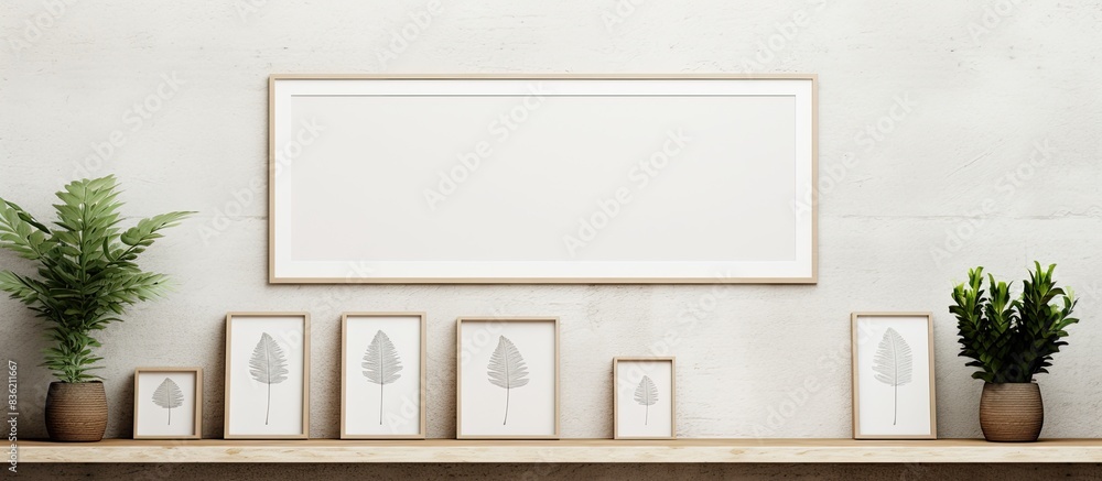 Poster white-frame mockup and dry twigs in a vase placed on a bookshelf or desk, with a white color scheme 