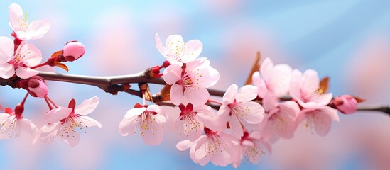 Spring abstract background with blossoming apricot branches on a light blue sky background, ideal for Easter and spring greeting cards with copy space image.