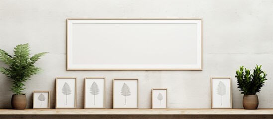 White-frame mockup and dry twigs in a vase placed on a bookshelf or desk, with a white color scheme and copy space image available.
