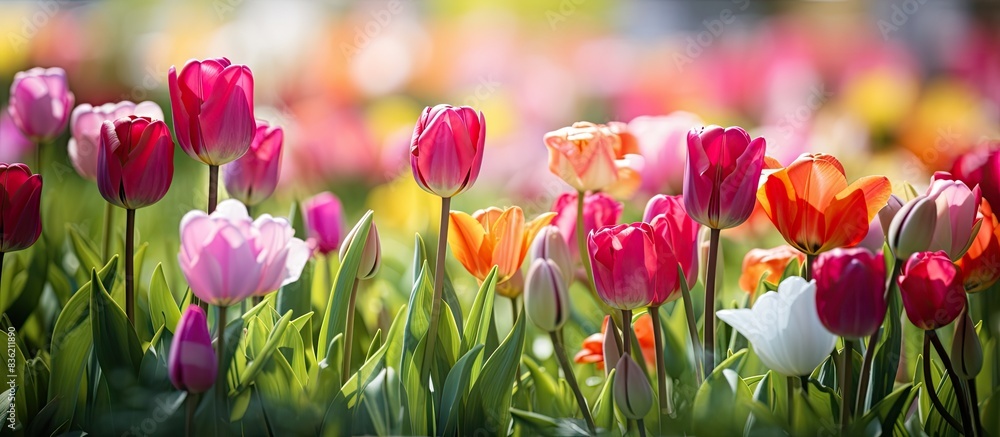 Poster vibrant tulip field blooming in the spring with copy space image included.