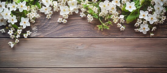 A gypsophila flower displayed on a wooden background with copy space image.