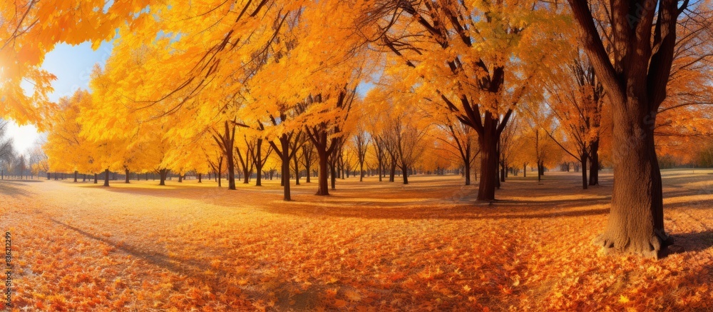 Poster autumn scenery with a large golden tree in a forest illuminated by sunlight on a sunny meadow, provi