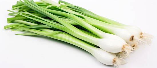 Fototapeta premium Top-down view of a wooden bowl with green onions on a white backdrop, ideal for copy space image.