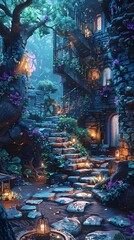 Fototapeta premium Enchanting Moonlit Staircase in Dreamlike Fairytale Forest Landscape
