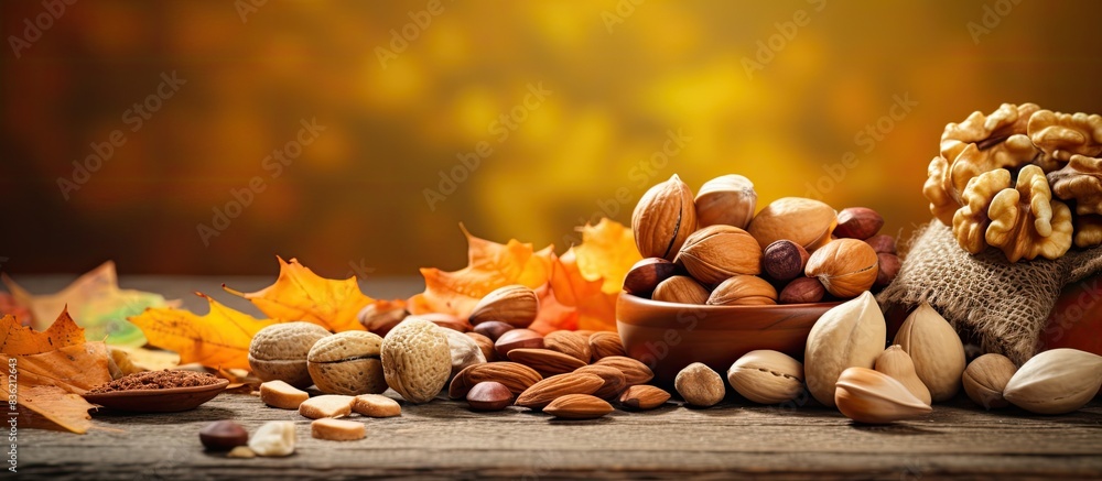 Poster different types of nut kernels like walnuts, hazelnuts, cashews, almonds, and pecans are displayed o