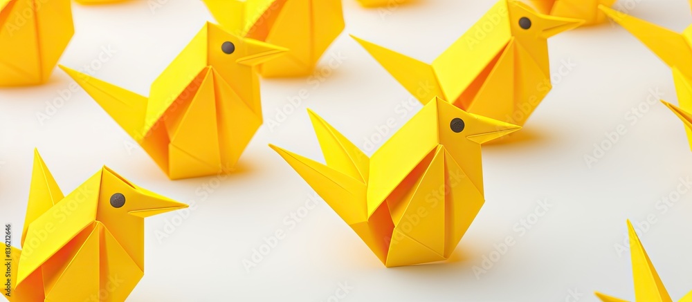 Poster top view of a lovely yellow origami bird against a white backdrop with ample space for a message in 