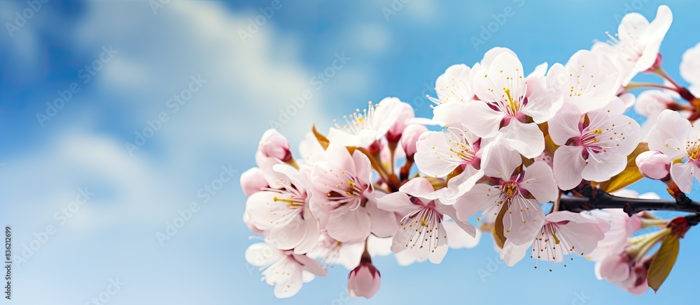 Poster spring blooms on a tree with a nature backdrop, creating a blurred spring-themed copy space image.