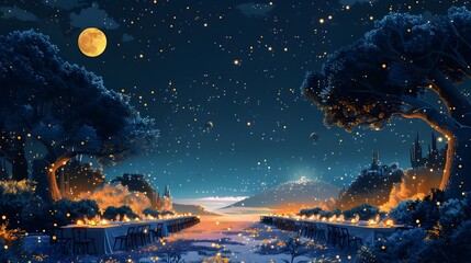 Enchanting Winterscape under Starry Night Sky with Glowing Moon