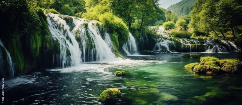 Poster forest background with a tranquil stream, perfect for your design with copy space image.