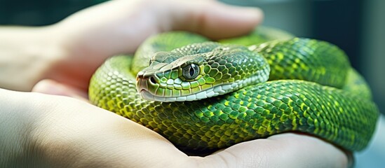 Fototapeta premium Veterinarian caring for a harmless Iberian worm lizard, a non-venomous snake, in a wildlife setting with a hand holding the reptile - copy space image.