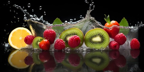 Vibrant Fruits Submerged in Water Against a Dark Background Representing a Nutritious Diet. Concept Food Photography, Color Contrast, Healthy Eating, Creative Composition, Vibrant Images