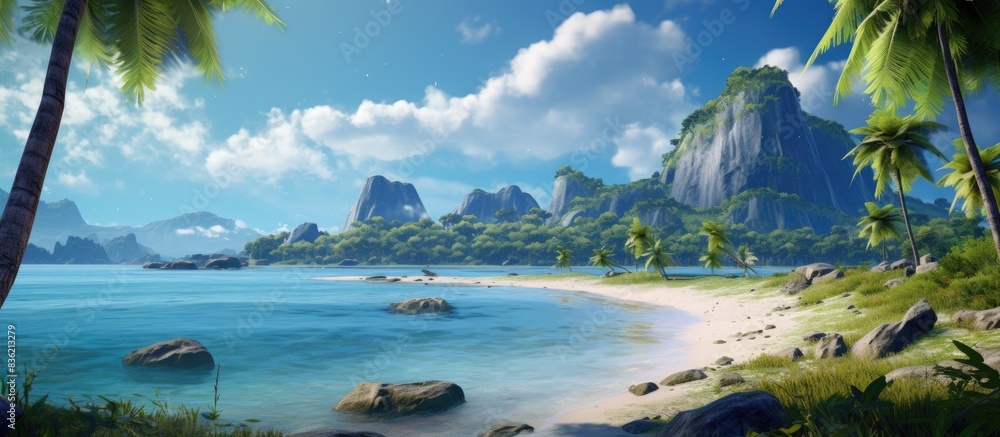 Aufkleber mountain and rocks on an island with a variety of trees, isolated on a white background with copy sp