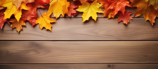 Autumn-themed scene featuring maple leaves on a wooden tabletop, set against a backdrop of fall colors for a striking copy space image.