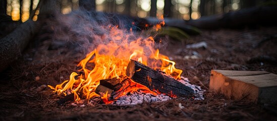 A few blazing planks on a bonfire with a clear blue sky in the background, showcasing a copy space image.