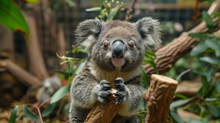 Fototapeta premium A cute koala climbs on a bamboo branch, with a focused, wide shot giving a cinematic feel.