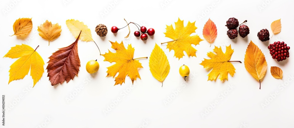 Wall mural frame of various autumn leaves, chestnuts, acorns, and berries on a white background with copy space