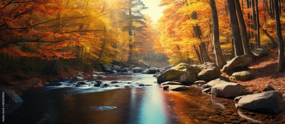 Wall mural Autumn forest river scene with copy space image.