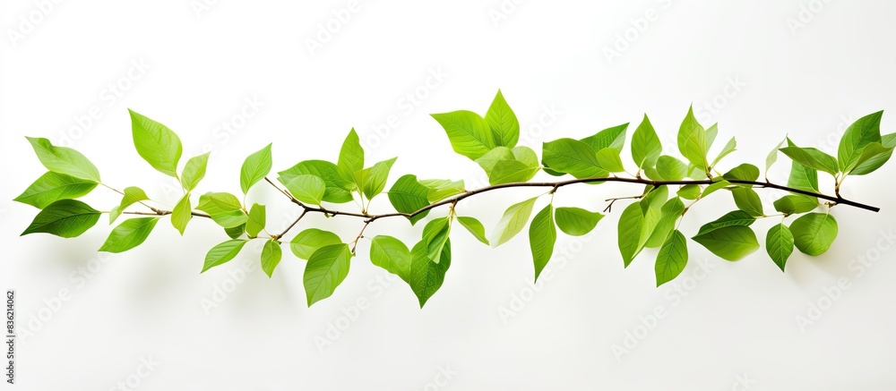 Poster elegant tree branches adorned with lush green leaves against a white backdrop canvas, ideal for addi