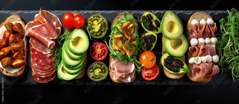 Poster top view of sandwiches or assorted canapes on a dark background with copy space image.