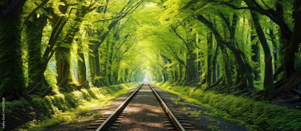 Poster autumnal scene of a railroad tunnel passing through a canopy of trees with vibrant foliage, creating