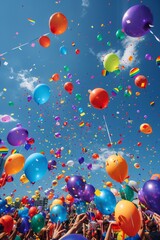 Fototapeta premium Unity in Diversity: Pride Poster Featuring Diverse Group Releasing Rainbow Balloons for Freedom
