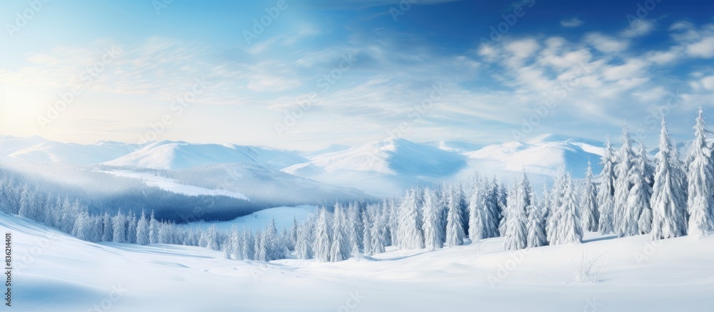 Poster a stunning winter scene with snow-covered spruce trees in sunny weather creating a picturesque setti