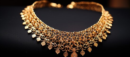 A gold chain displayed on a fork against a bright background with ample copy space for text or designs. Theme of shopping addiction, extravagance, and handmade jewelry.