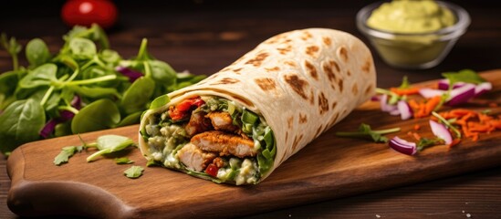 Top view of a nutritious meal consisting of tortilla wraps filled with grilled chicken, veggies on a blue wooden surface with space for text or an image. Copy space image