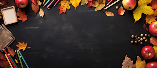 Back to school concept featuring a school bus, pencils, tree sketch with autumn leaves, against a classroom blackboard background with copy space image