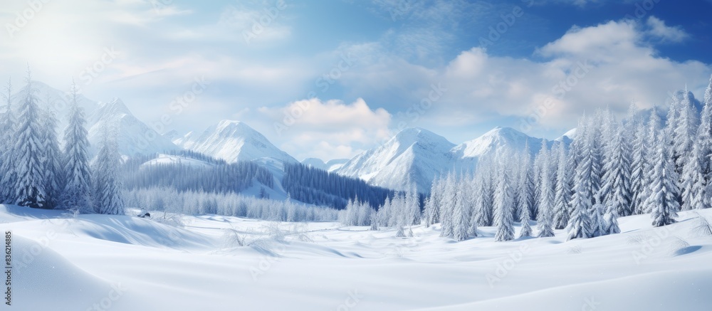 Poster scenic winter view featuring snow-covered mountains and trees, with a clear space for adding images 