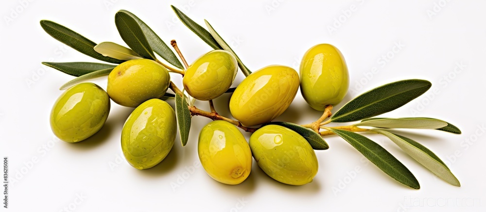 Poster top-down flat lay of green olives with leaves on a white backdrop with a focus throughout the image.