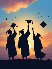Graduation Caps Thrown in the Air. Graduation caps confetti. Flying students hats with golden ribbons isolated. University, college school education background. University caps student