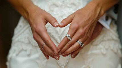 Naklejka premium Everlasting Bond of Love - Couple's Hands Forming Heart Shape with Wedding Rings, Symbolizing Marital Bliss and Commitment.