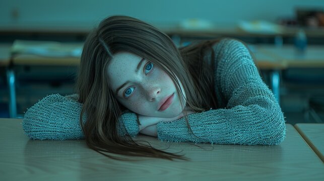 A pensive schoolgirl rests her head on her arms at a desk in a classroom, with a contemplative expression.
