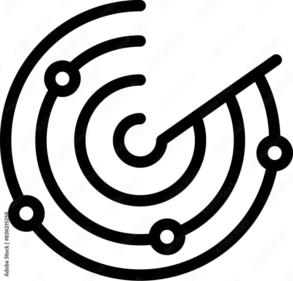 Poster black and white simplistic icon illustration of abstract concentric circles with radial lines and do