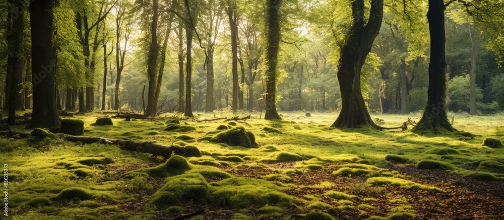 Aufkleber old oak trees in a forest with a panoramic view in the early morning, perfect for your design with c
