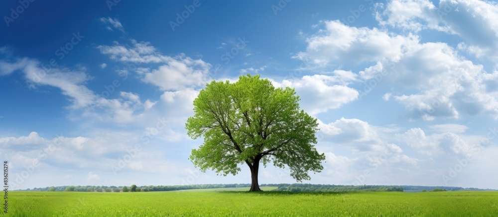 Poster lush green tree standing on a verdant meadow with ample copy space image available.