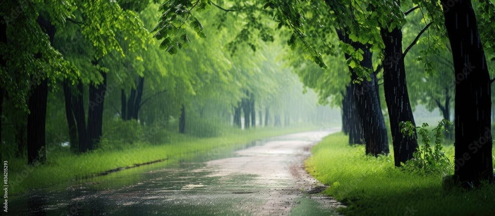 Poster lush green forest in summer rain, sunlight filtering through trees, ideal as a backdrop for designs 